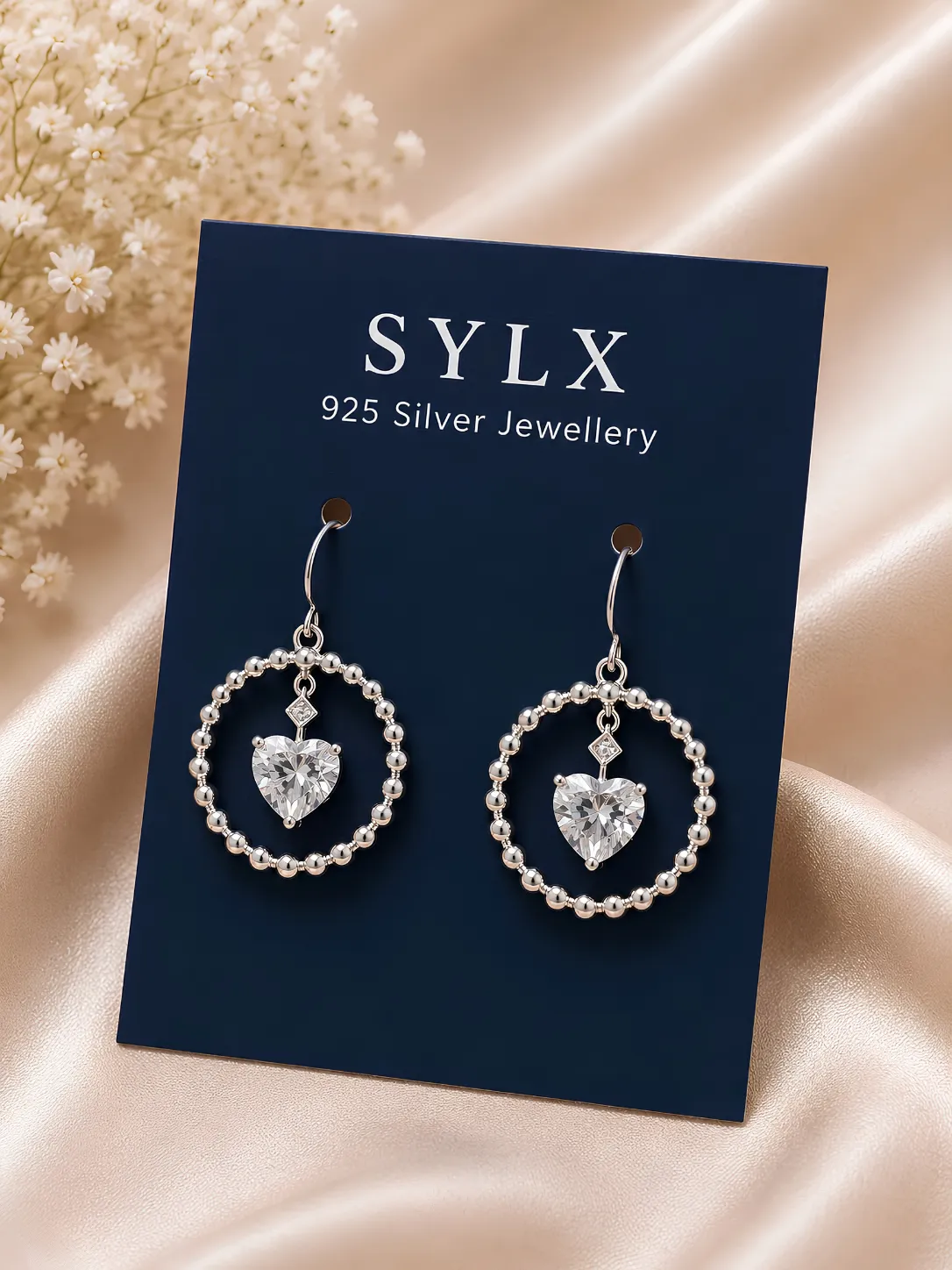 925 Silver Sparkling Heart Beaded Hoop Earrings