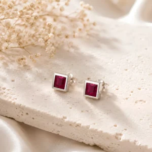 925 Sterling Silver Ruby Red Square Crystal Stud Earrings