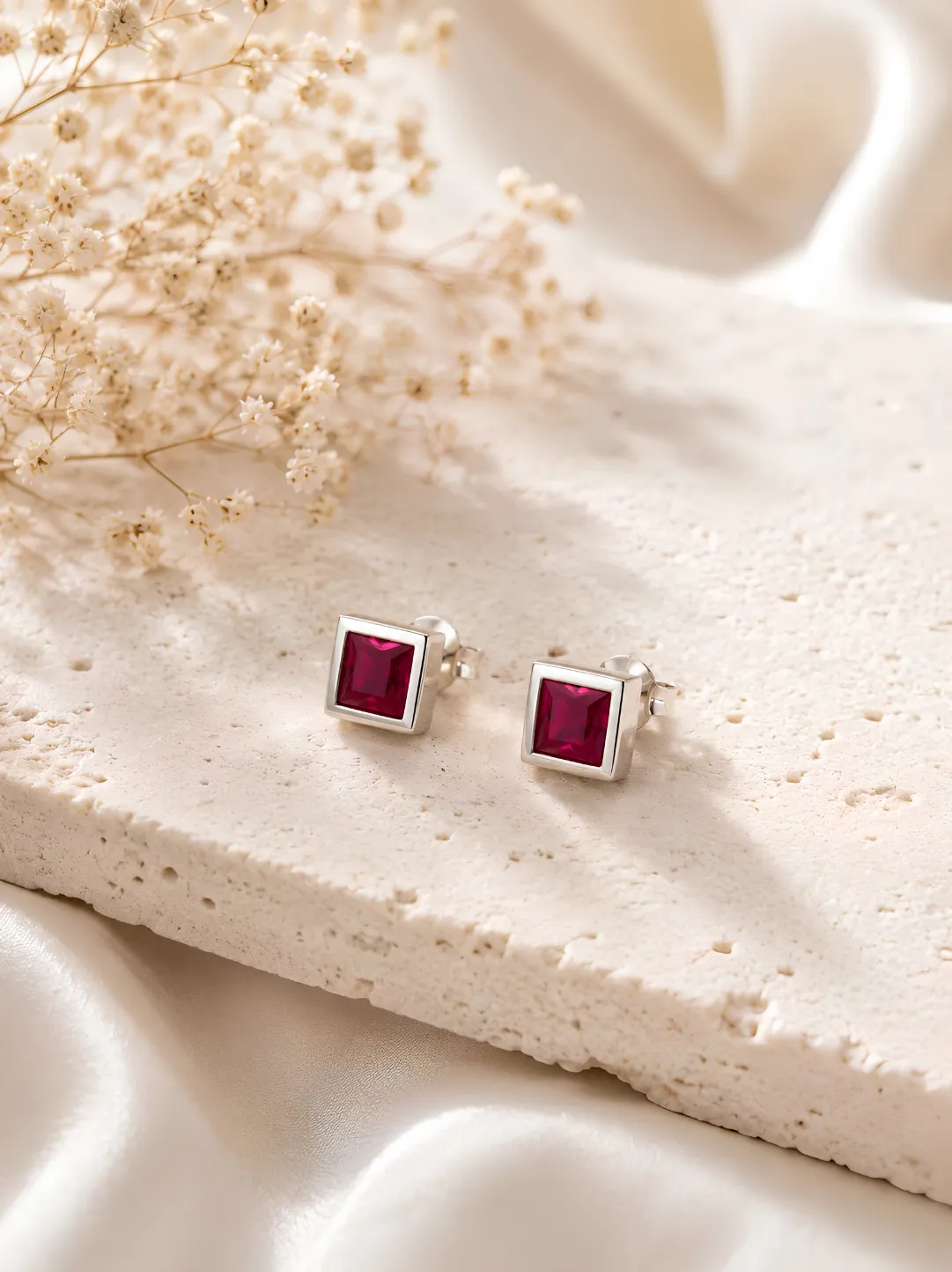 925 Sterling Silver Ruby Red Square Crystal Stud Earrings