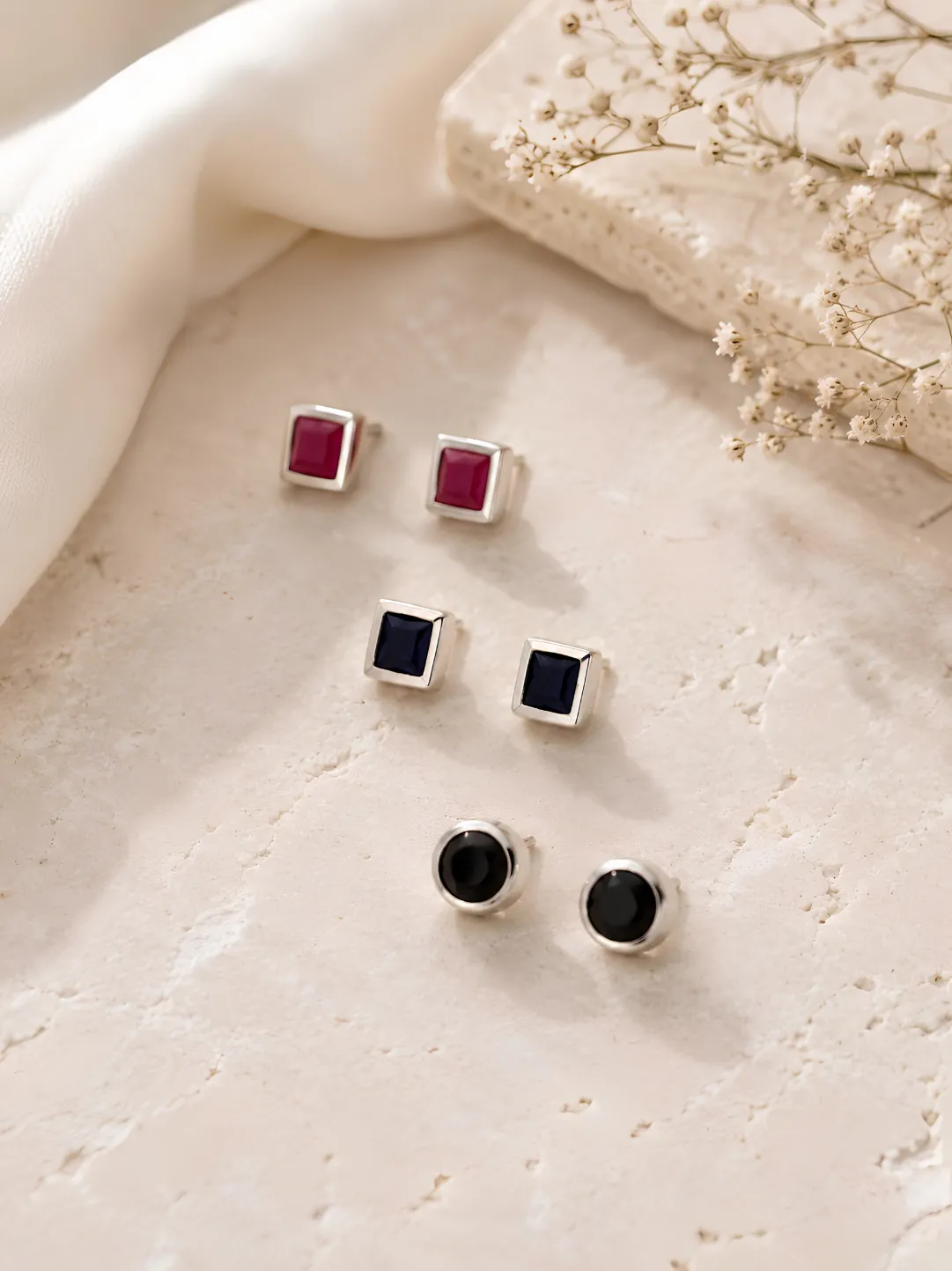 925 Sterling Silver Assorted Colored Crystal Square Stud Earrings