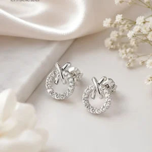 925 Sterling Silver Pave Cross-Loop Designer Stud Earrings