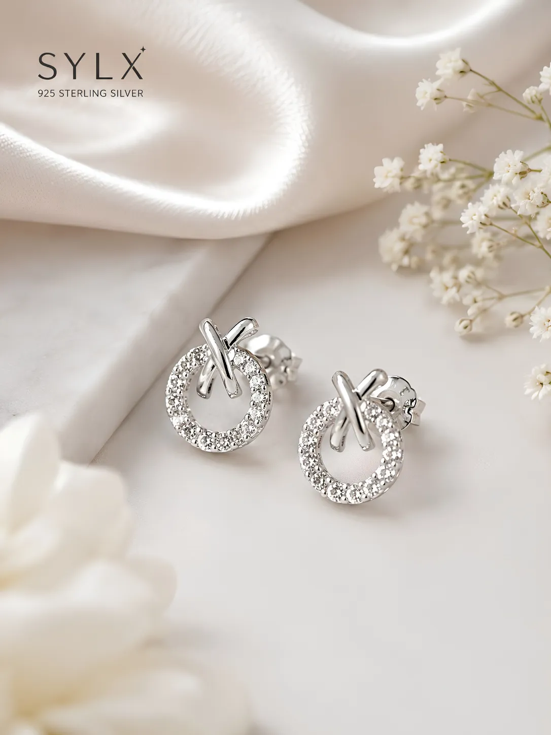 925 Sterling Silver Pave Cross-Loop Designer Stud Earrings