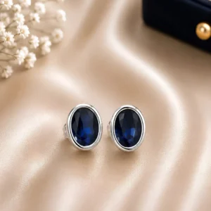 925 Sterling Silver Royal Blue Oval Crystal Stud Earrings
