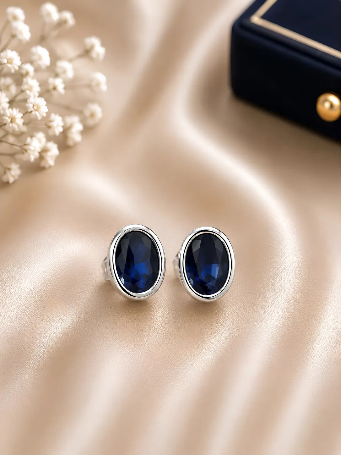 925 Sterling Silver Royal Blue Oval Crystal Stud Earrings