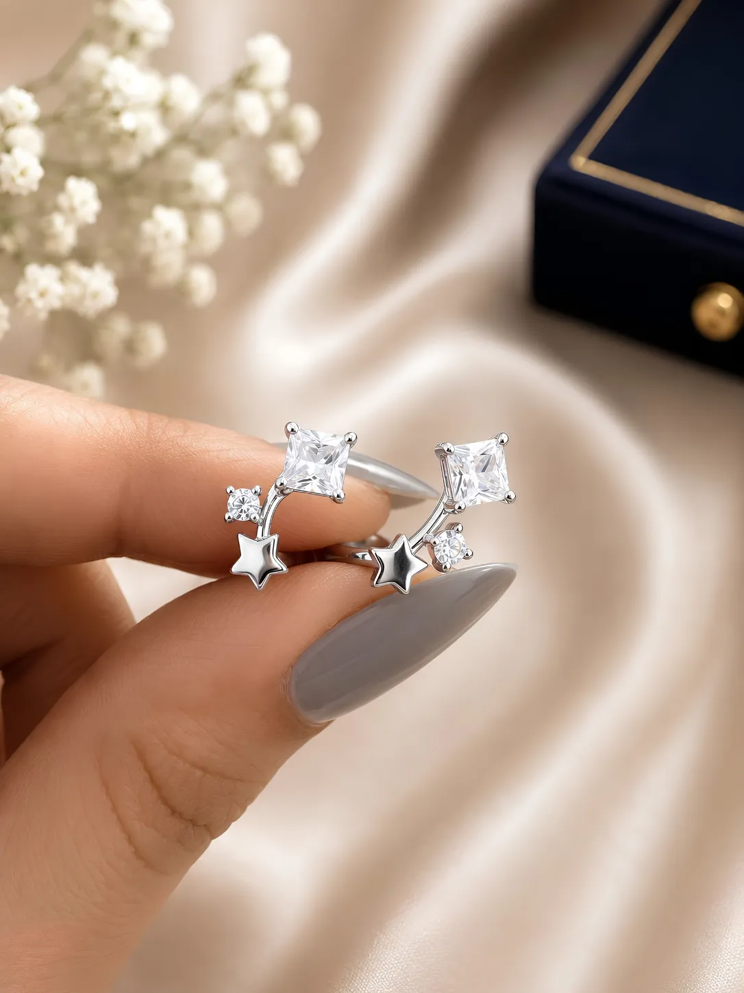 925 Sterling Silver Celestial Star & Square Open Ring